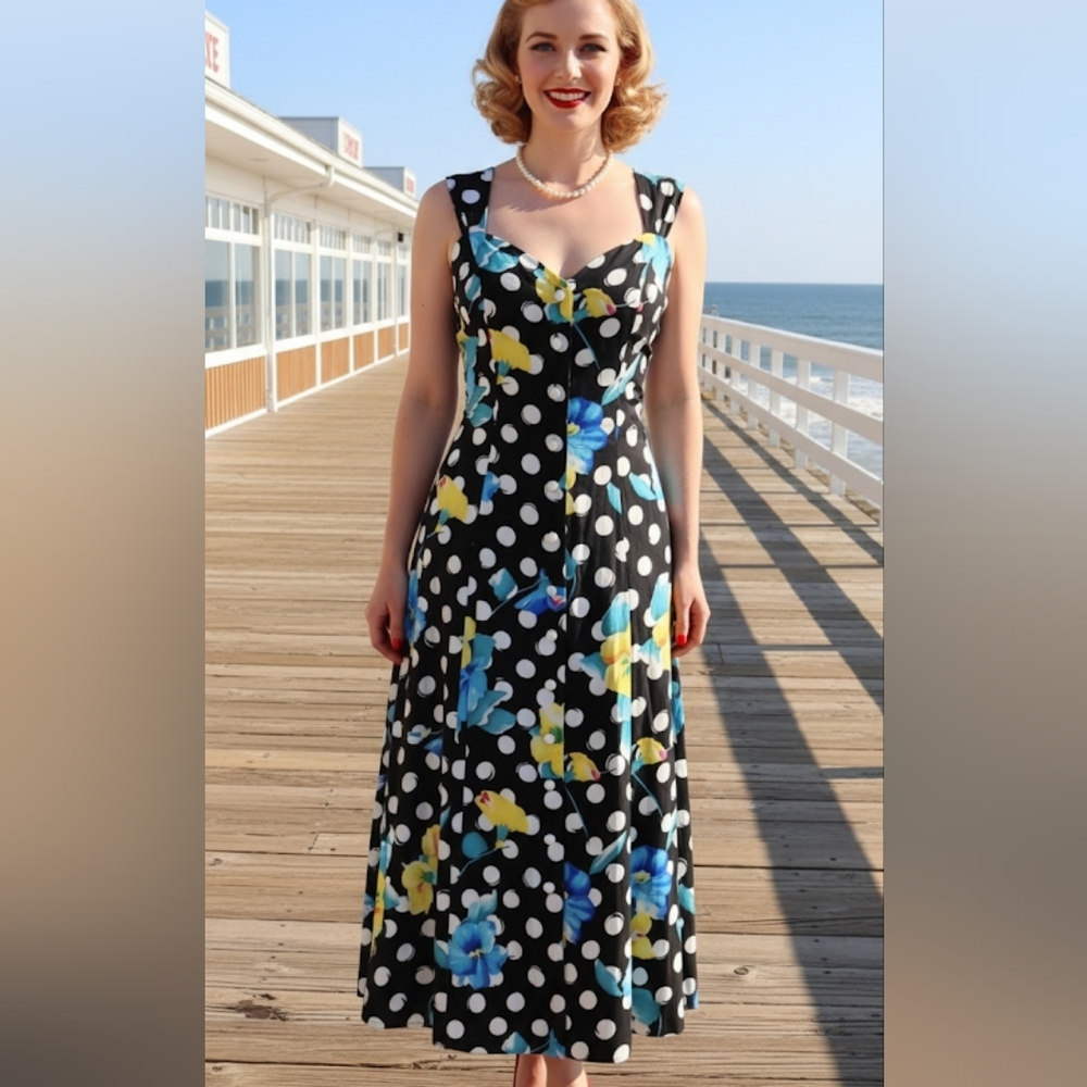 Vintage 90's button down polka dot midi dress M